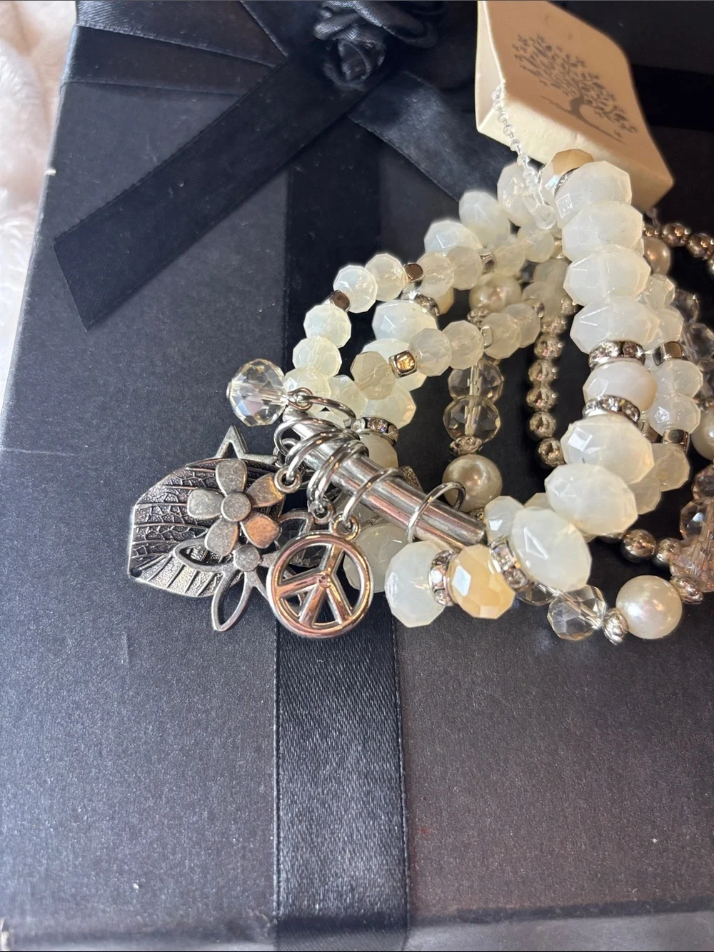 Tree of Life White, Silver & Pearl Multi-Strand Bracelet Set 5 Bracelets